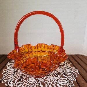 Vintage Fenton Amber Glass Basket with Ruffled Edge, 8.7" Wide, 8.5" Tall